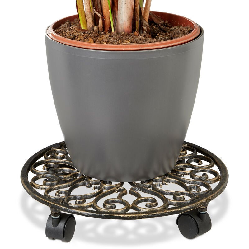 1x Porte-plantes à roulettes, en fonte, support pot de fleurs, 4 roues, d: 33,5 cm, rond, design antiquités, bronze
