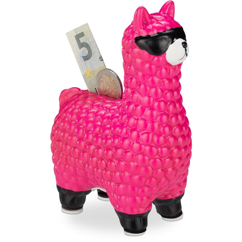 Relaxdays - Set of 1 Lama with Sunglasses Savings Bank, Great Gift and Decoration, Ceramic Piggy Bank, 15.5x11x6cm, Pink