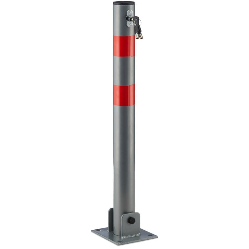 Relaxdays - Parking Barrier, 1x Round Post, HxWxD: 65 x 15 x 13 cm, Blocks Space, 3 Keys, Steel, Red Warning Marks, Grey