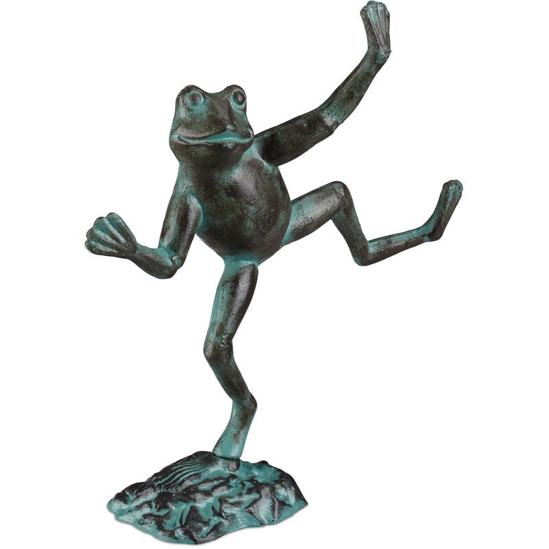 Relaxdays - 1x Statue de jardin, grenouille dansante sur un pied, fonte fer, sculpture, figurine de jardin, taille l, déco, vert