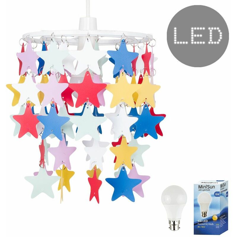 Multi Coloured Stars Ceiling Light Shade + 6W LED GLS Bulb
