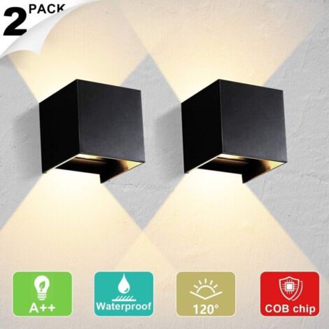 2 12w Applique Murale Intérieur LED Lampe Extérieur IP65 étanche Réglable 120° Lampe Up Down COB Lèche-murs pour Salon Chambre Chemin Couloir Lot de 2 Noir Blanc Chaud Applique extérieure