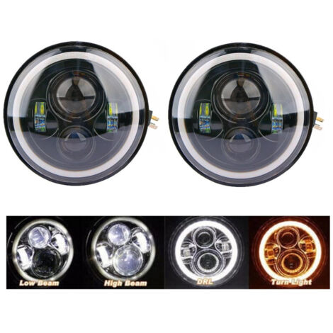 Комплект от 2бр. универсален 7 инча 18см ЛЕД LED фар лампа халоген 12V-24V къси/дълги с DRL дневни светлини мигач бяло-ж