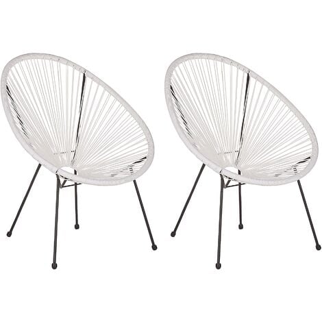 2 Accent Chair Set Round Rattan Weave Steel Living Room White Acapulco II - White