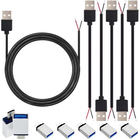 2-adriges USB-Stromkabel, 1 m langes, offenes USB-2.0-Kabel (Stecker) und 5-Adapter-Set, 24 AWG offenes Stromkabel (nur zum Laden von Geräten).