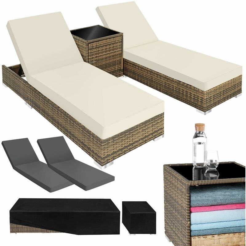 2 sunloungers + table with protective cover rattan aluminium - reclining sun lounger, garden lounge chair, sun chair - nature