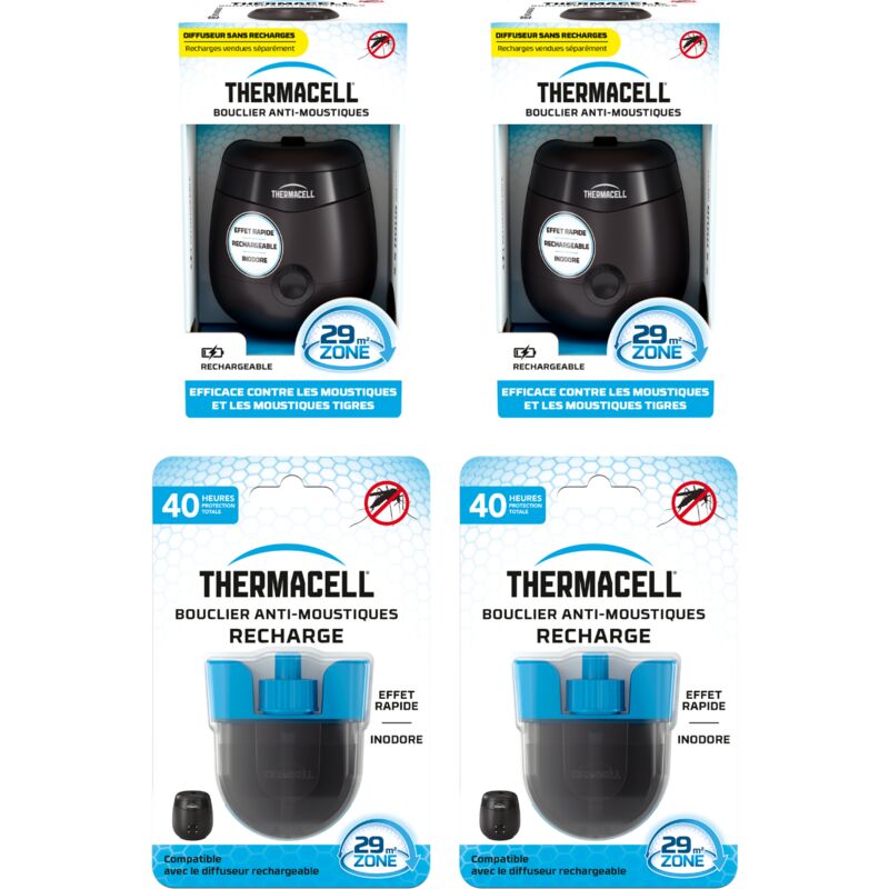 Thermacell - 2 Appareils Anti Moustiques & Moustiques Tigres + 2 Recharges 40h- Bouclier 29m² -Rechargeable - Inodore THE55NOIR2