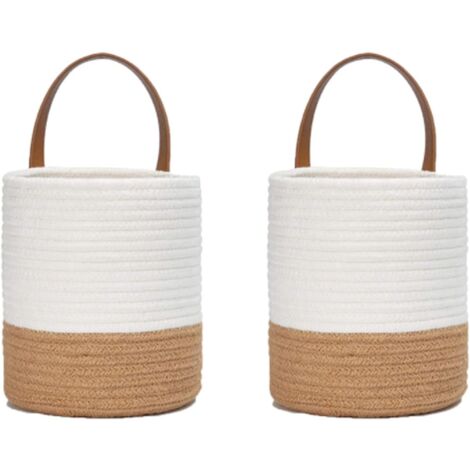 2 aus Baumwollseil gewebte Pflanzenkörbe, hängendes gewebtes Wandkorb-Set, Baumwollseilkorb, für Blumentopf, Baumwollständer, Heimdekoration, Weiß + Jute