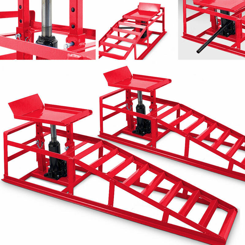 Bituxx - 2 Auto pkw Auffahrrampen mit Wagenheber Wartungsrampe Hebebühne 2000kg in Rot