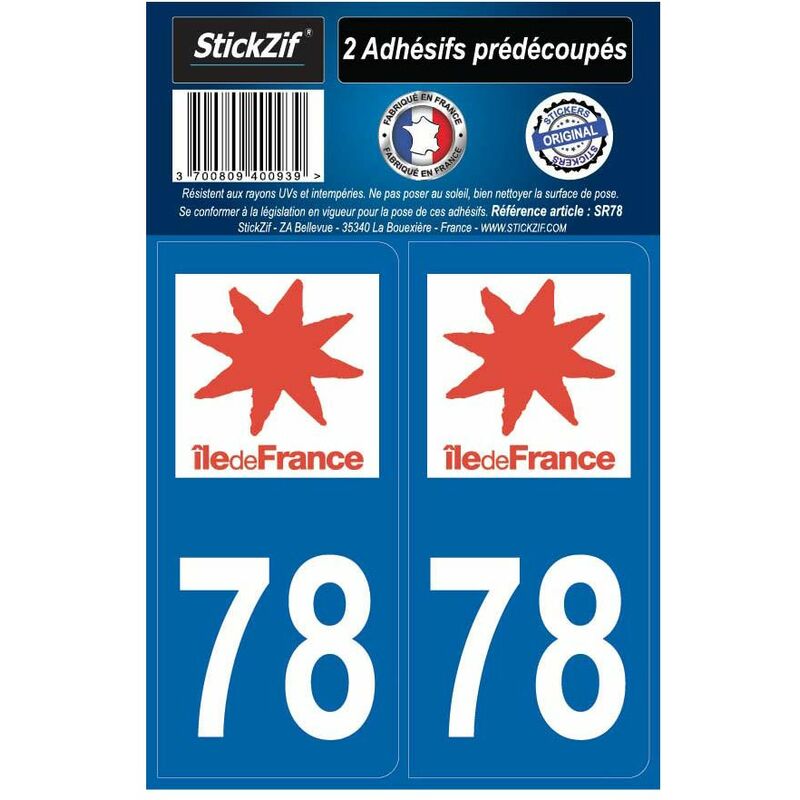 Decoho - 2 autocollants stickers plaque immatriculation Région Ile de France - Département 78 Yvelines Officiel