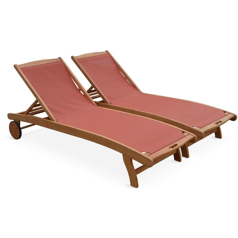 Bains de soleil en bois - Marbella Terra cotta - 2 transats en bois d'Eucalyptus huilé et textilène terra cotta