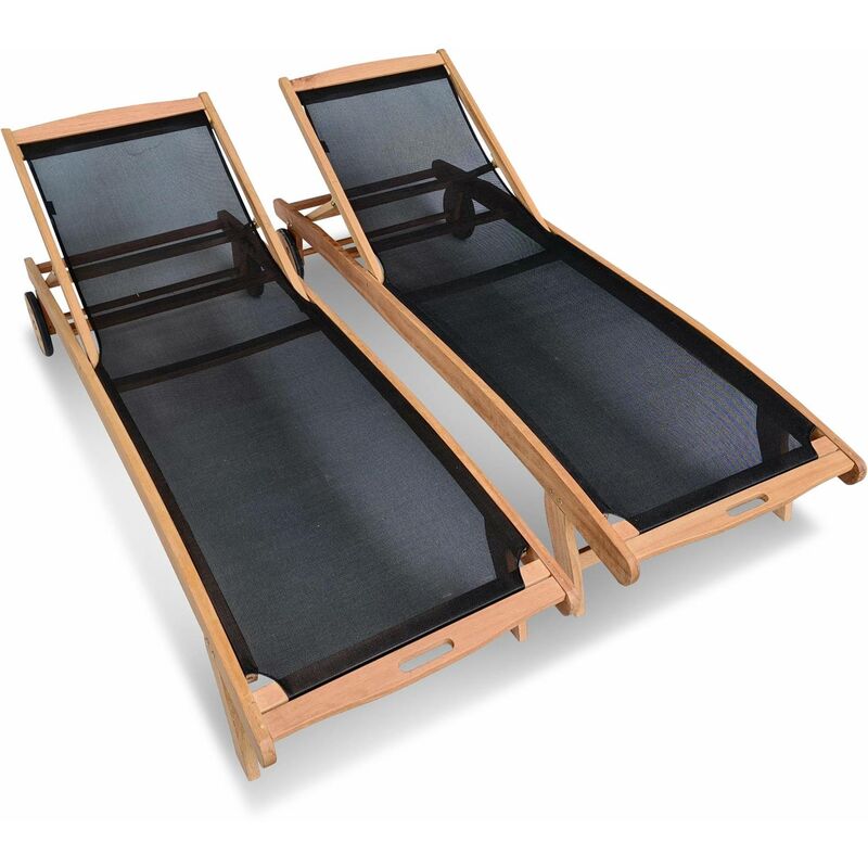 Bains de soleil en bois - Marbella Noir - 2 transats en bois d'Eucalyptus huilé et textilène noir