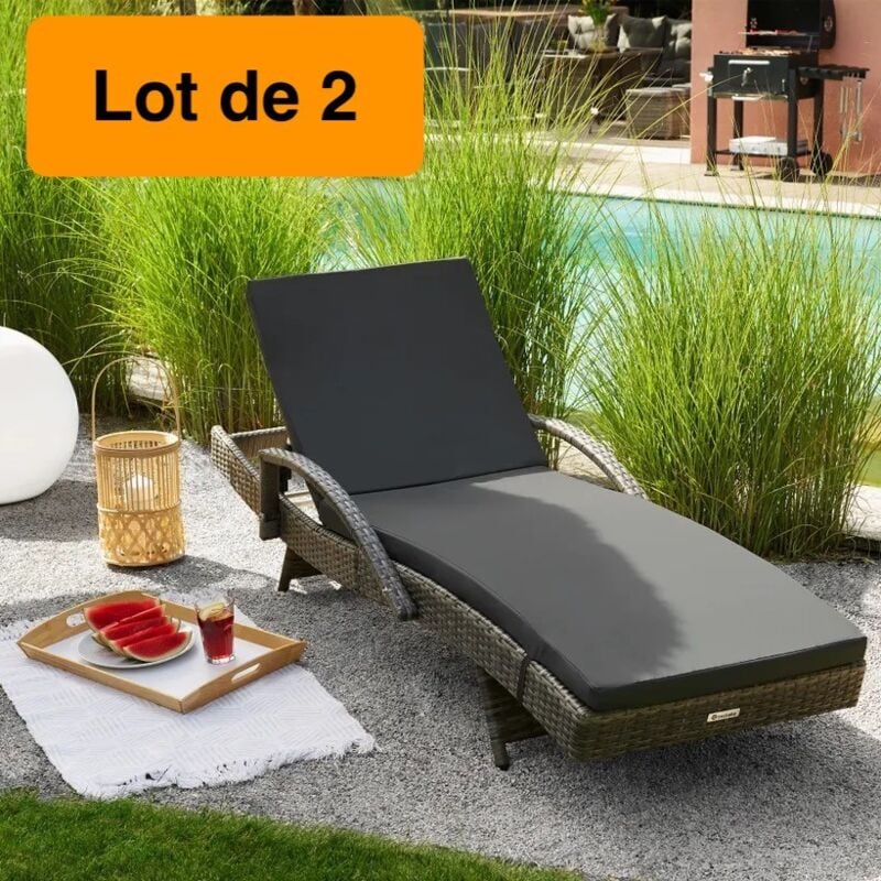 2 Bains de soleil gris 5 positions, cadre alu et résine tressée. Transat de qualité - Gris