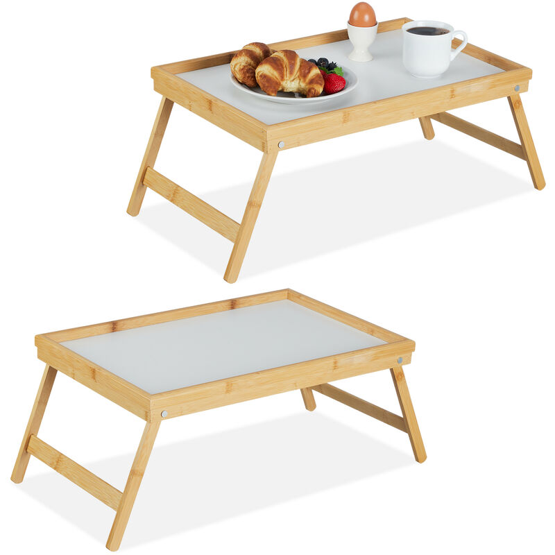 

2 Bandejas Cama de Bambú, Patas Plegables, Mesas para Desayuno, Mesillas Sofá, Tablero de Plástico, Marrón y Blanco