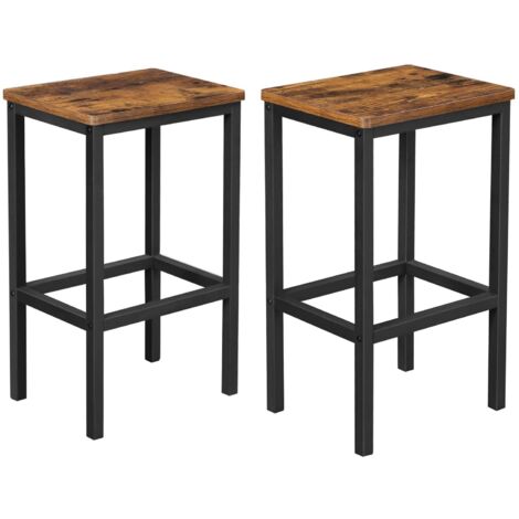 2 Bar Stools Rustic Brown Black Iron Frame Kitchen Dining Room