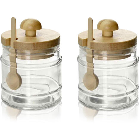 2 BARATTOLI DA CUCINA IN VETRO CON CUCCHIAIO E TAPPO IN LEGNO 8X11CM CAPIENZA 300 ML