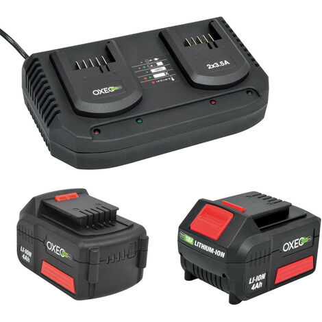Oxeo – Pack de 2 batteries 4Ah 18V avec chargeur double rapide – Technologie lithium-ion – Charge rapide 60 min – Outils sans fil