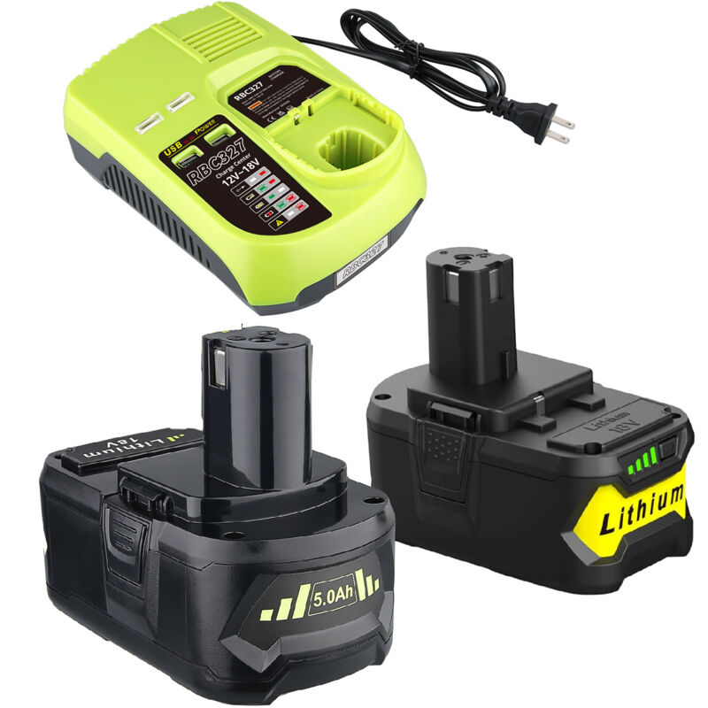 2 × batteries de remplacement 5,0 Ah pour Ryobi 18 V avec chargeur P117B. Compatible avec les batteries Ryobi 18 V P102, P103, P104, P105, P107,