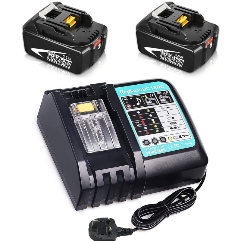 2 batteries Li-Ion 5,5 Ah, avec chargeur rapide DC18RC/DC18RA/DC18SD compatibles avec les batteries coulissantes Makita 14,4 V-18 v Li-Ion, chargeur