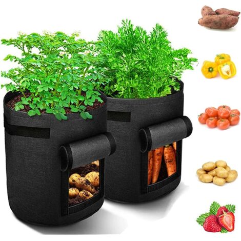 2 bolsas de cultivo para patatas, 35 x 40 cm, con ventana y asa, aptas para verduras, frutas, flores y patatas, negras.