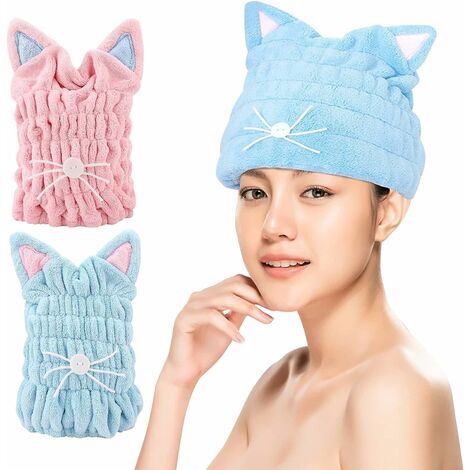 2 Bonnet Cheveux Sec Serviette de Sèche- Cheveux pour Femmes Bonnet de Bain à Séchage Rapide Serviette Microfibre Cheveux avec oreilles de Chat Serviette pour cheveux en polaire corail Super Absorbant