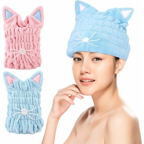 2 Bonnet Cheveux Sec Serviette de Sèche-Cheveux pour Femmes Bonnet de Bain à Séchage Rapide Serviette Microfibre Cheveux avec oreilles de Chat Serviette pour cheveux en polaire corail Super Absorbante