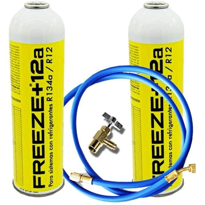 

Reporshop - 2 Botellas Gas Ecologico Refrigerante Freeze +12a 420Gr + Valvula + Manguera Organico Sustituto R12, R134A