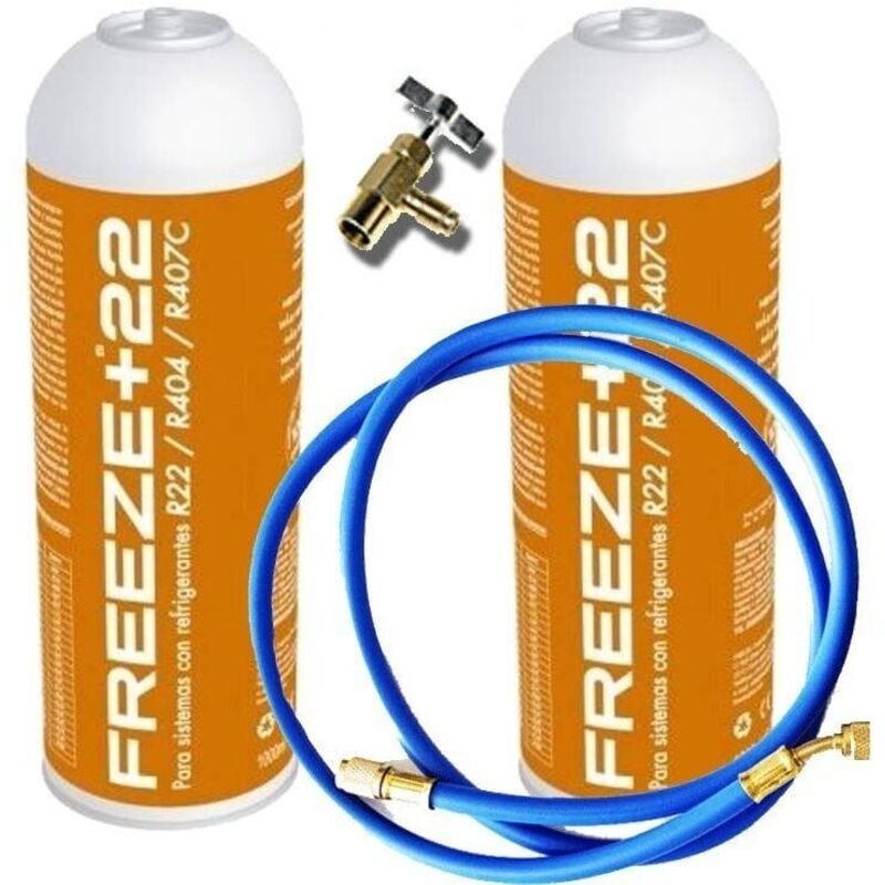 

Reporshop - 2 Botellas Gas Ecologico Refrigerante Freeze +22 400Gr + Valvula + Manguera Organico Sustituto R22, R404, R407C