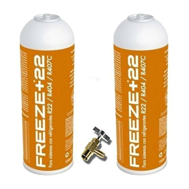 

Reporshop - 2 Botellas Gas Ecologico Refrigerante Freeze +22 400Gr + Valvula Organico Sustituto R22, R404, R407C