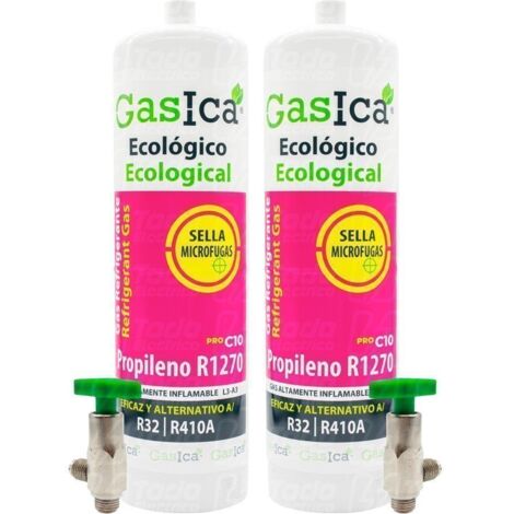 2 Botellas Gas refrigerante gasica C10  compatible con R32 R410A válvula incluida