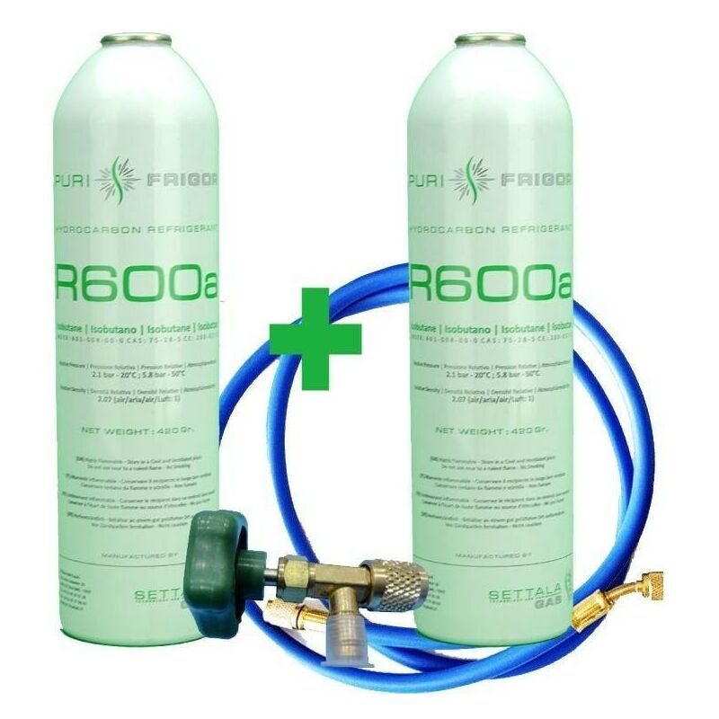 

Reporshop - 2 Botellas Gas Refrigerante R600 + Manguera + Valvula 420Gr Isobutano