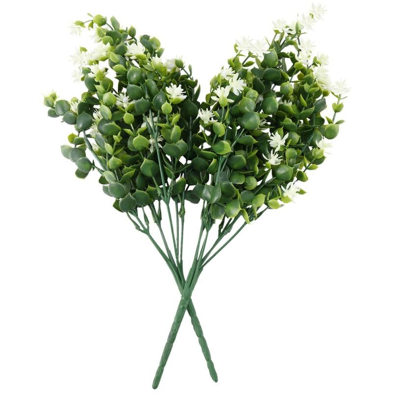 2 Bouquets de fleurs d'eucalyptus artificielles a 6 branches plante fleurs decoration de la maison Blanc