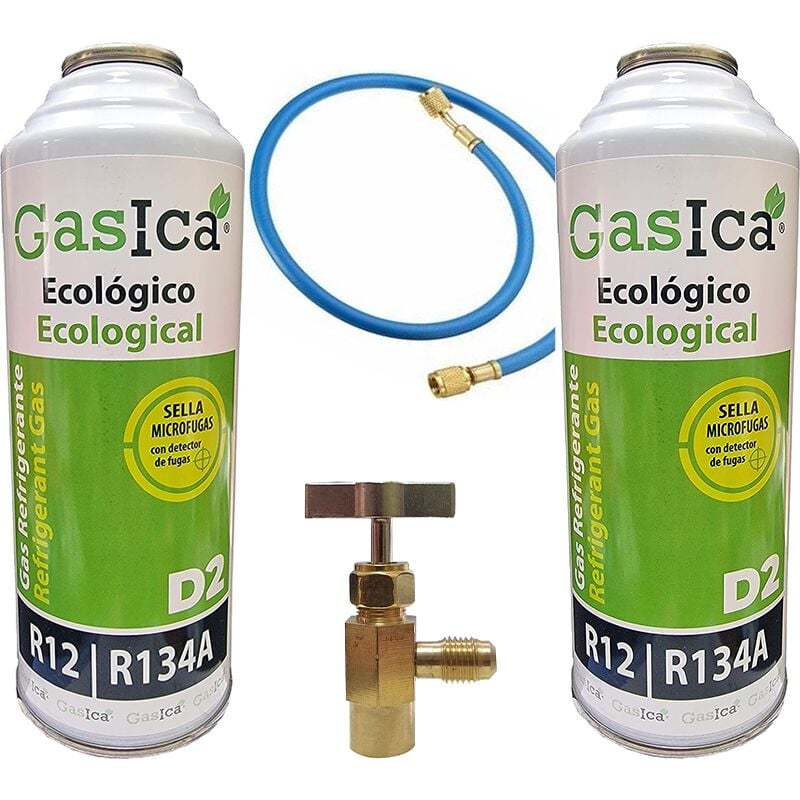 2 bouteilles de gaz écologiques D2 226g + vanne + tuyau de substitution R12, R134a Freeze Organic