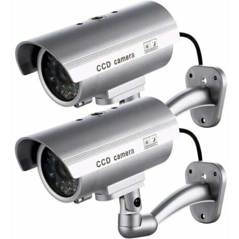 2 cámaras falsas para exteriores, para uso interior y exterior, con luz LED intermitente (plateadas)