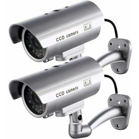 2 cámaras ficticias para exteriores, para uso en interiores y exteriores, con luz LED intermitente (plateada)