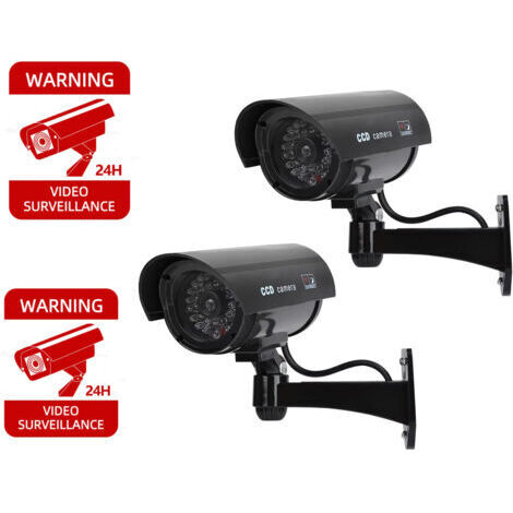 2 caméras virtuelles extérieures avec LED, fausses caméras de sécurité extérieures noires + panneaux de sécurité de vidéosurveillance
