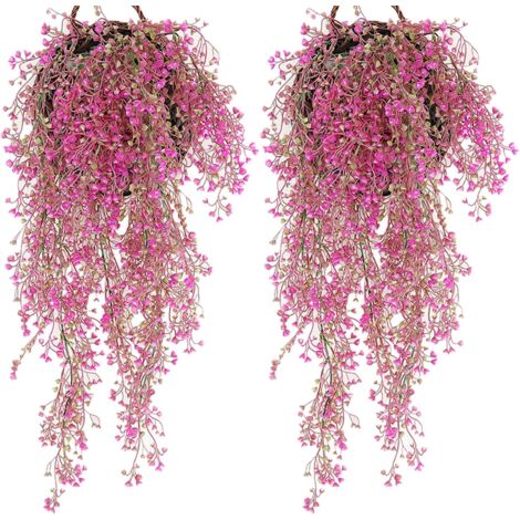 2 cestas de flores artificiales para pared, cestas de flores artificiales colgantes, plantas artificiales colgantes, plantas colgantes verdes para jardín (rosa, 85 cm)