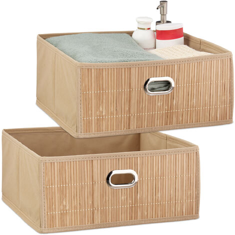 2 Cestos Almacenaje Bambú, Cesta Cuadrada Tela Baño, Caja Estante, 14 x 31 x 31 cm, Plegable, Marrón Natural