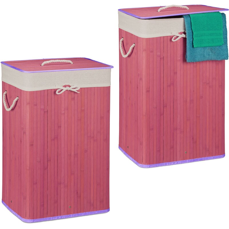 

2 Cestos Ropa Sucia Plegable, Cubo Colada Rectangular con Tapa, Bambú, 83L, 65,5 x 43,5 x 33,5 cm, Morado