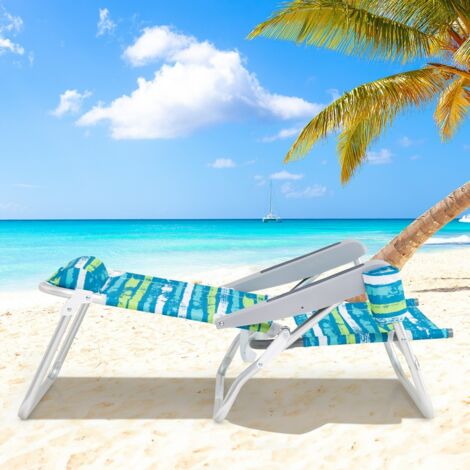 2 Chaise Longue Pliable Chaise Longue Léger avec 5 Positions Ajustables Oreiller de Tête Barre à Serviette Accoudoirs & Porte-gobelet Vert