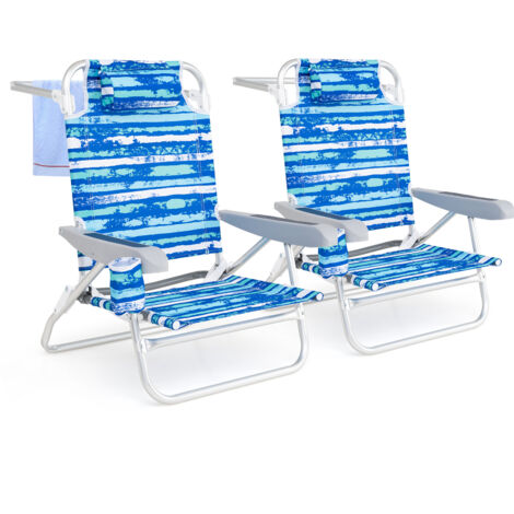 2 Chaise Pliable Léger avec 5 Positions Ajustables, Oreiller de Tête, Barre à Serviette, Accoudoirs & Porte-Gobelet, Sac à Dos pour Camping, Bleu