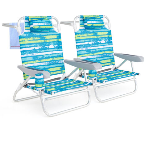 2 Chaise Pliable Léger avec 5 Positions Ajustables, Oreiller de Tête, Barre à Serviette, Accoudoirs & Porte-Gobelet, Sac à Dos pour Camping, Vert