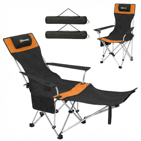 2 Chaises de Camping Pliables avec Repose-pieds et Porte-gobelet, 82x50/100x88 cm, Noir et Orange