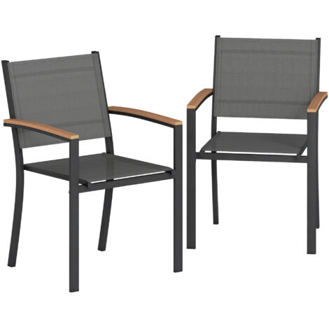 2 Chaises de Jardin en Texteline et Métal avec Accoudoirs Aspect Bois, 56x62x89 cm, Gris