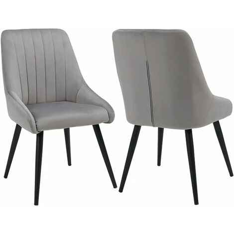 2 chaises de salle à manger en tissu velours rembourré gris pieds évasés en métal noir CDS09321