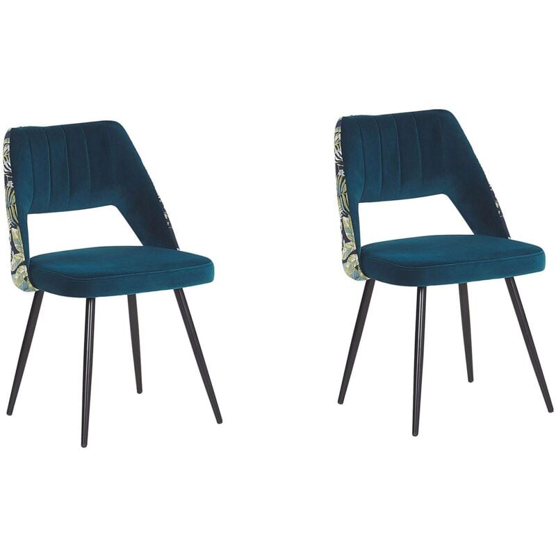Beliani - Lot de 2 Chaises de Salle à Manger en Velours Bleu avec Pieds Obliques en Acier Noir Style Glamour pour Intérieur Chic et Tendance