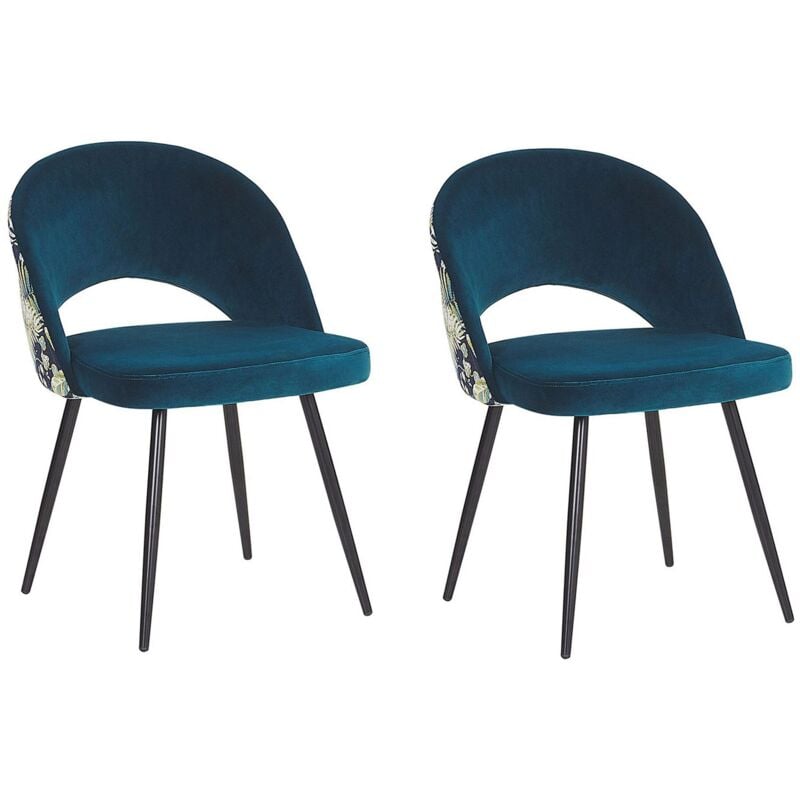 Beliani - Lot 2 Chaises Tapissées en Velours Bleu Motif Floral avec Pieds Obliques en Métal Noir Design Scandinave et Glamour pour Salle à Manger