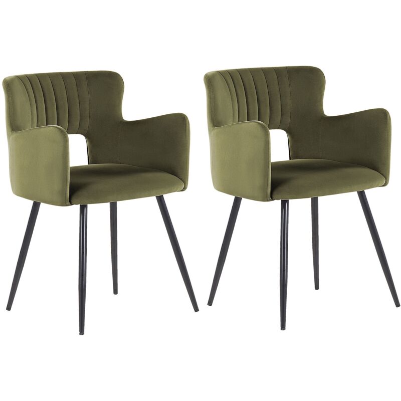 2 Chaises de Salle à Manger Rétro Pieds en Acier et Velours Vert Olive Sanilac