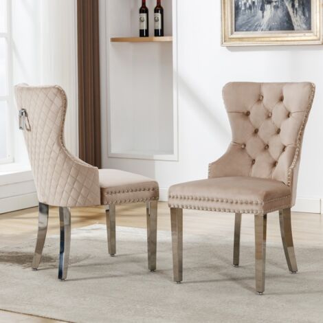 2 chaises de salle à manger velours beige - Rembourrage clouté - Pieds métal - Dossier avec heurtoir - Cuisine/salon