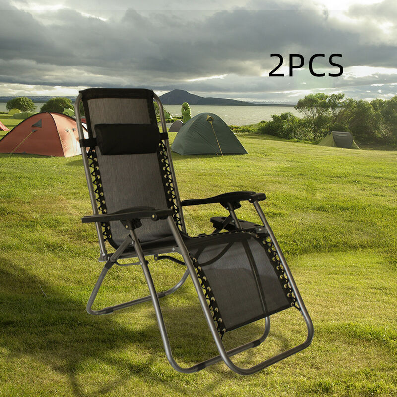 2 Chaises Longues Pliables avec Dossier Réglable Bain de Soleil Transat à Bascule Noir